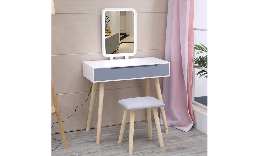 vanity table set with adjustable brightness mirror and cushioned stool