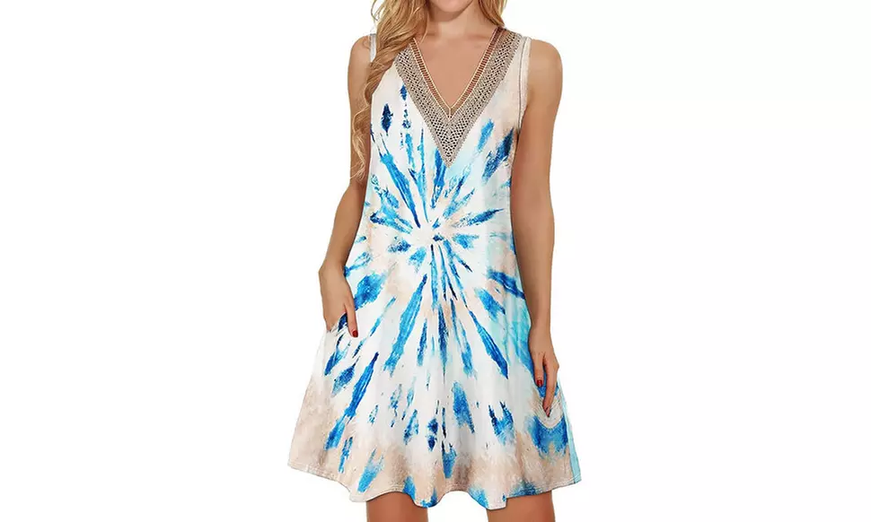 Women Lace Trim V Neck Sleeveless Dress with Pockets S-2X