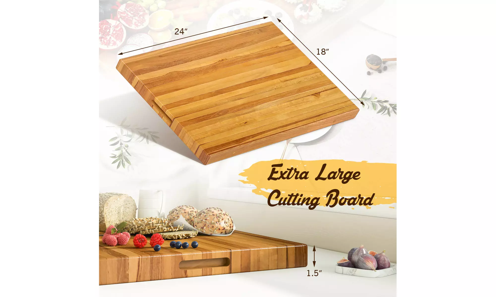 Costway Teak Wood Cutting Board Extra Large 24" Reversible Cutting Board