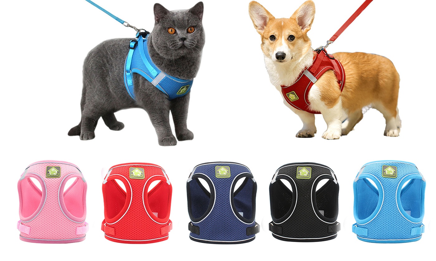 Cat Dog Adjustable Mesh Harness Vest Collar Reflective Vest Lead With Leash - Primary Image