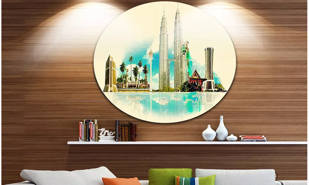 Kuala Lumpur Panoramic View' Disc Cityscape Watercolor Circle Metal Wall Art - Primary Image