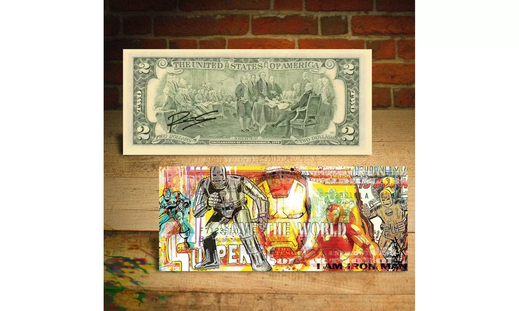 Iron Man hand-signed by Rency Full Color Gilcee Art on Genuine 2 Dollar Bill