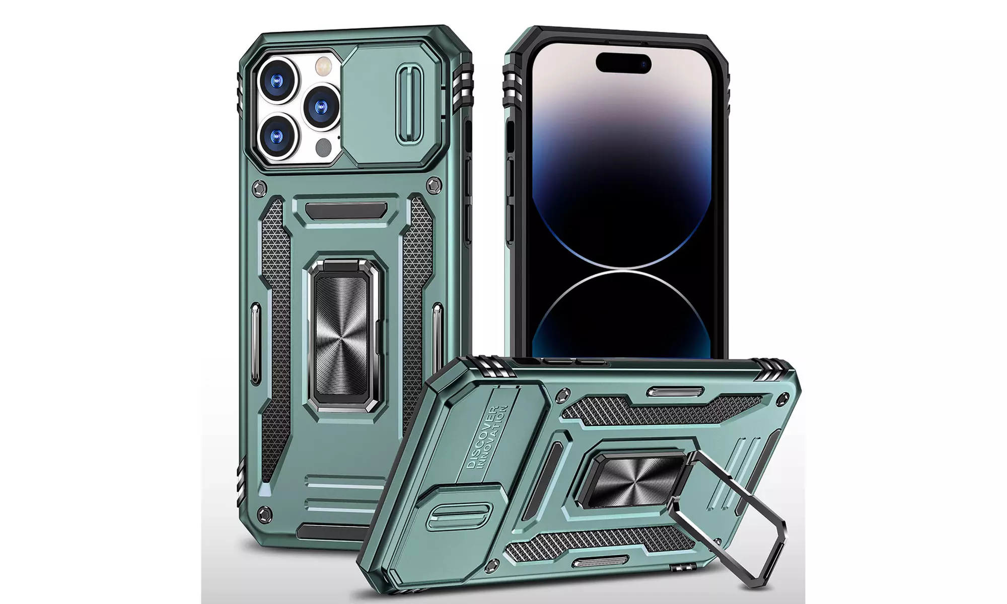For iPhone 14 Pro Max 360 Ring Stand Shockproof Case W/ Slide Camera Cover Green - Primary Image