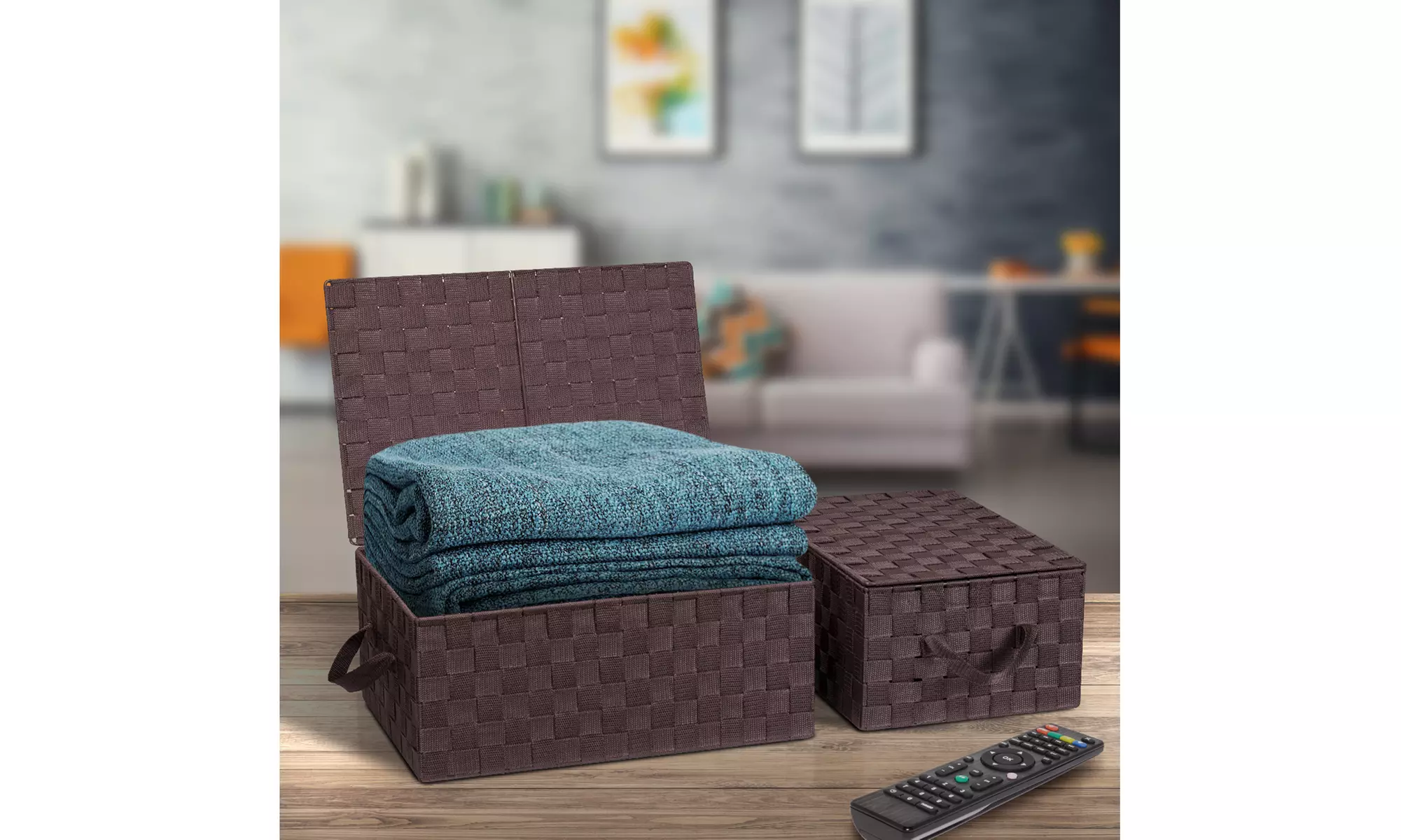3-Pack Storage Box w/ Lid for Closet & Shelves - Woven Fabric Basket Organizer