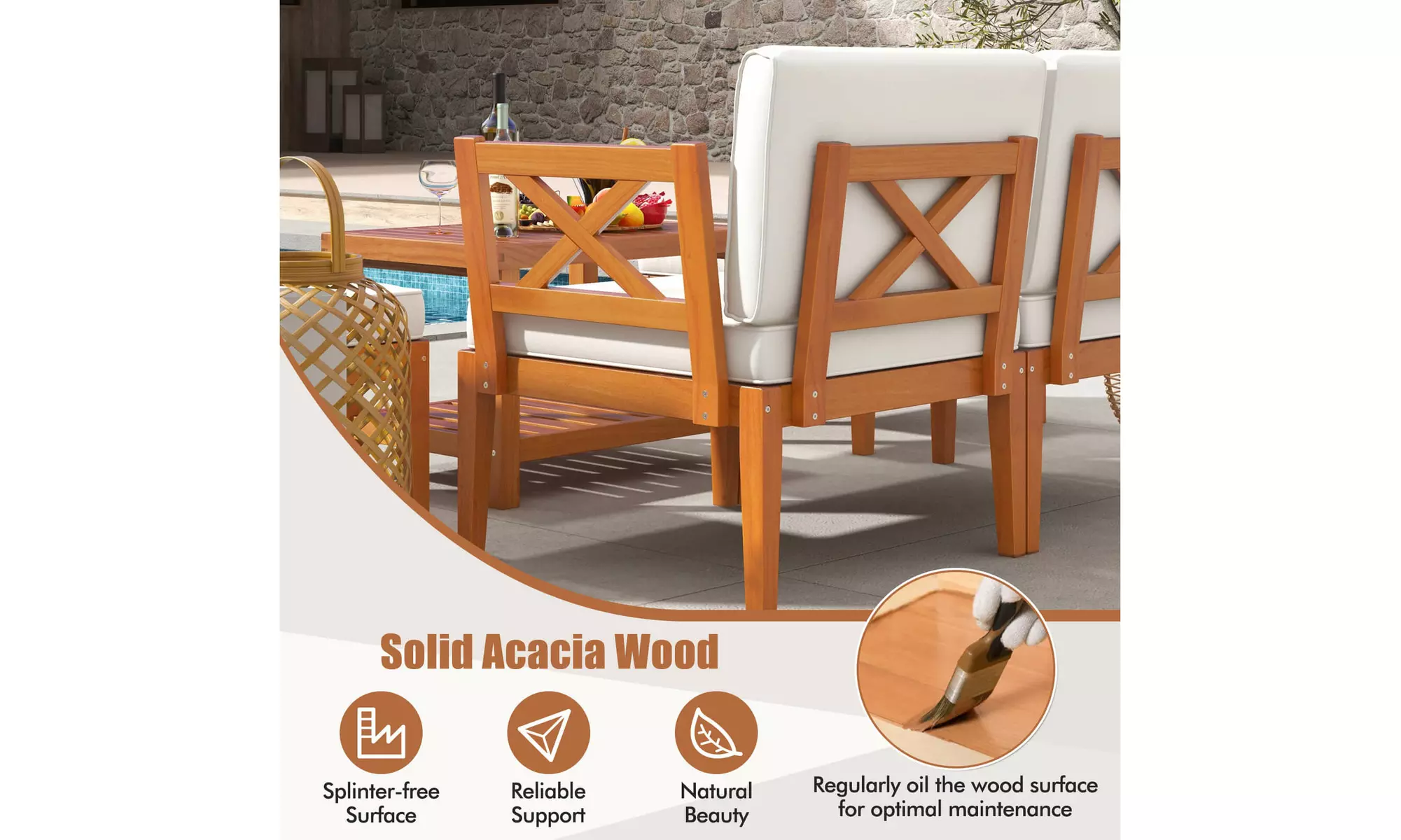 Costway Acacia Wood Patio Furniture Set with Cushions and 2-Tier Coffee Table