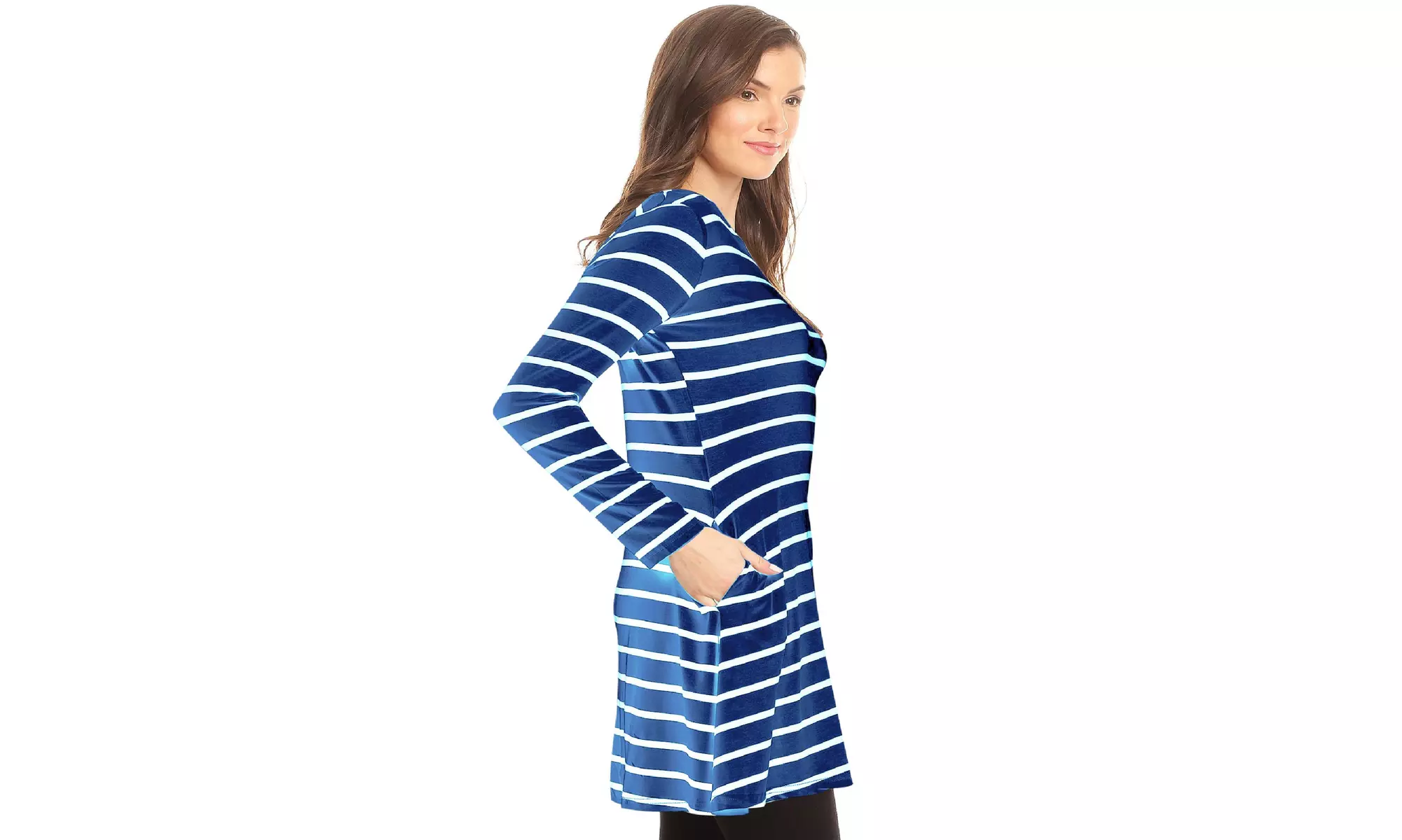 Striped A-Line Pockets Long Sleeves Relaxed Fit Dress Tee Top