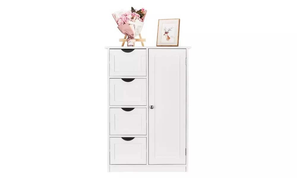 Bathroom Floor Storage Cabinet with Single Door Adjustable Shelf 4 Drawers - Primary Image