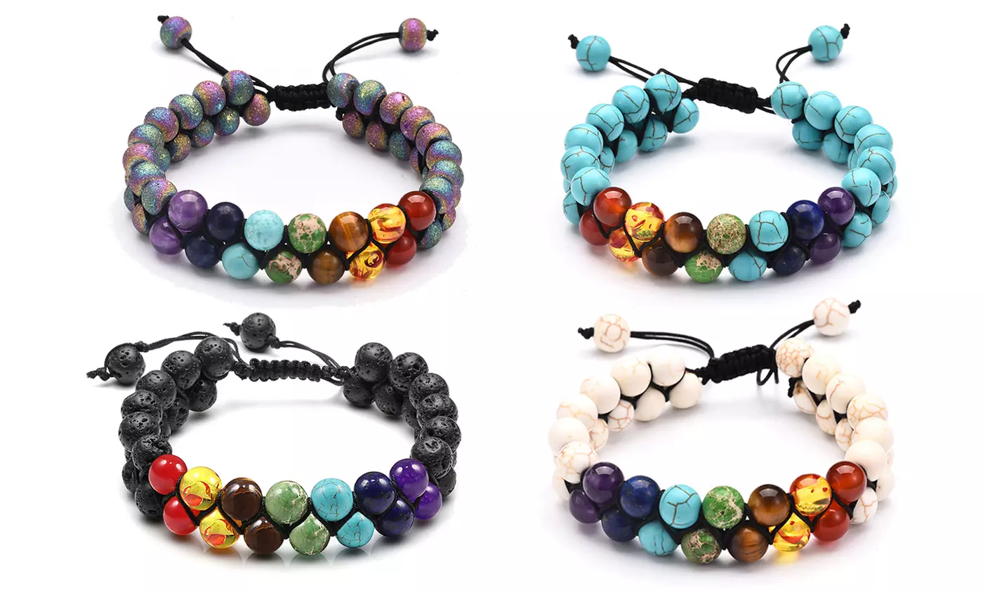 7 Chakra Beads Lava Rock Bracelet 8mm Double Layer Row Adjustable Unisex  - Primary Image
