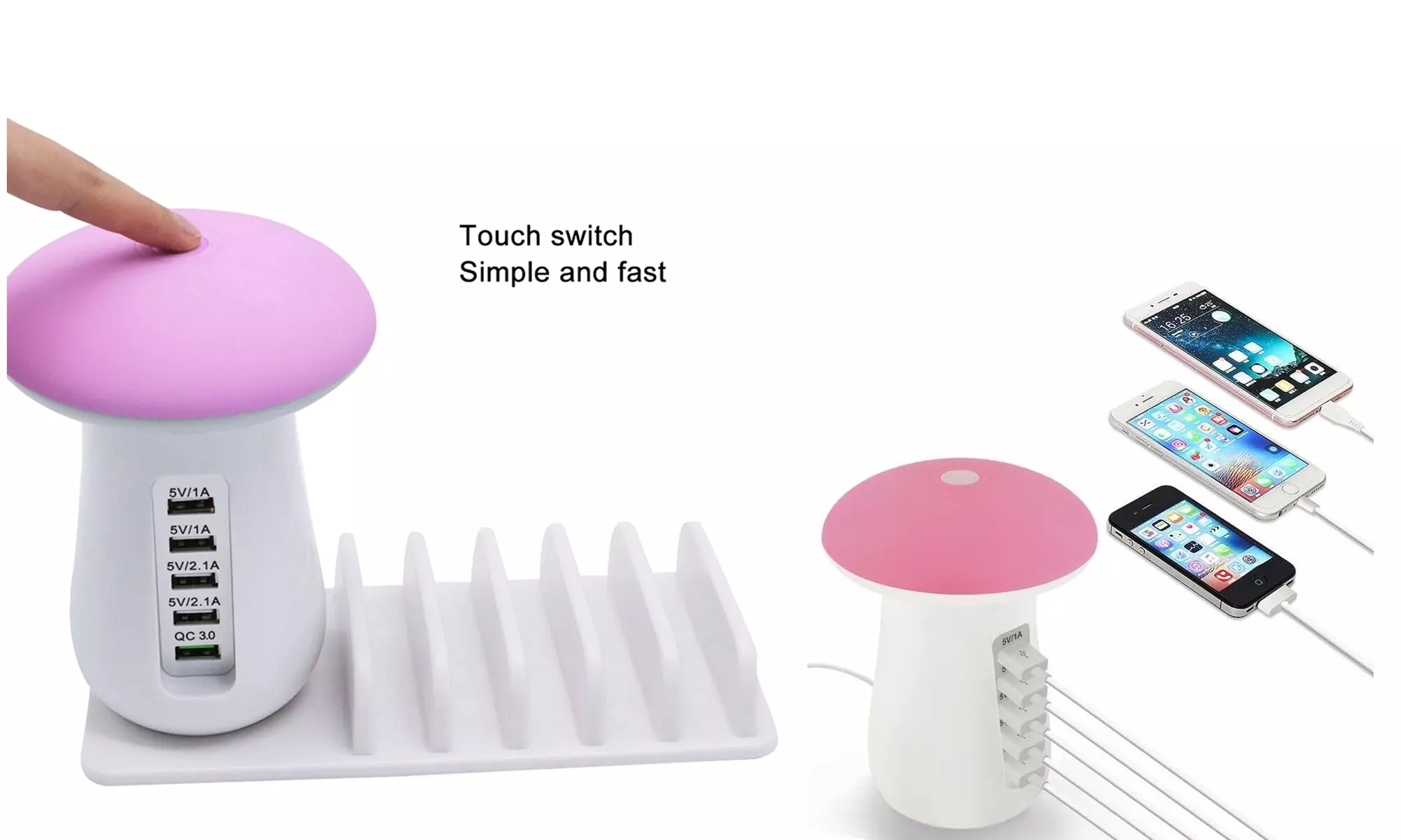 Zummy LED Mushroom Light Lamp 5 Powered USB Stand Charging Docking Station 