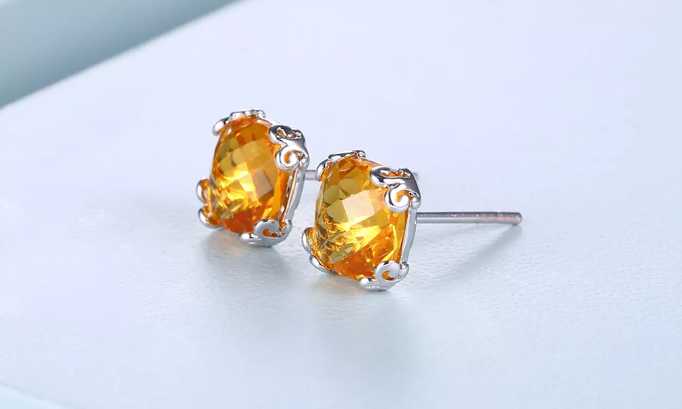 Lab Created Citrine Gemstone Stud Earrings - November Stud Earrings By Gembassy - Second Medium