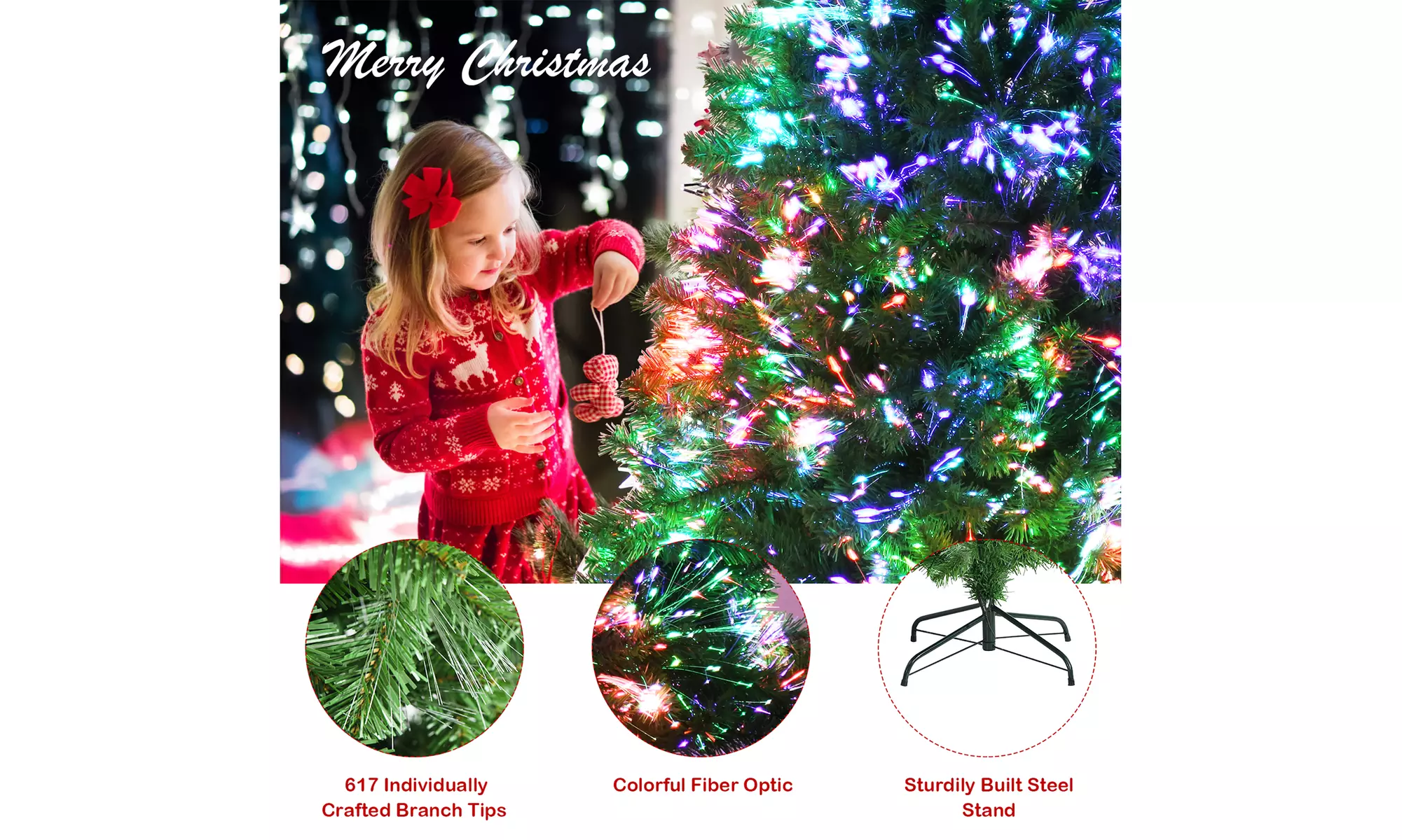 Costway 6ft Pre-lit Fiber Optic PVC Artificial Christmas Tree w/ 617 Branch Tips