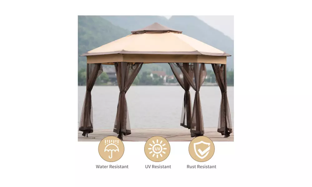 U-style Iron hexagon Patio Gazebo khaki