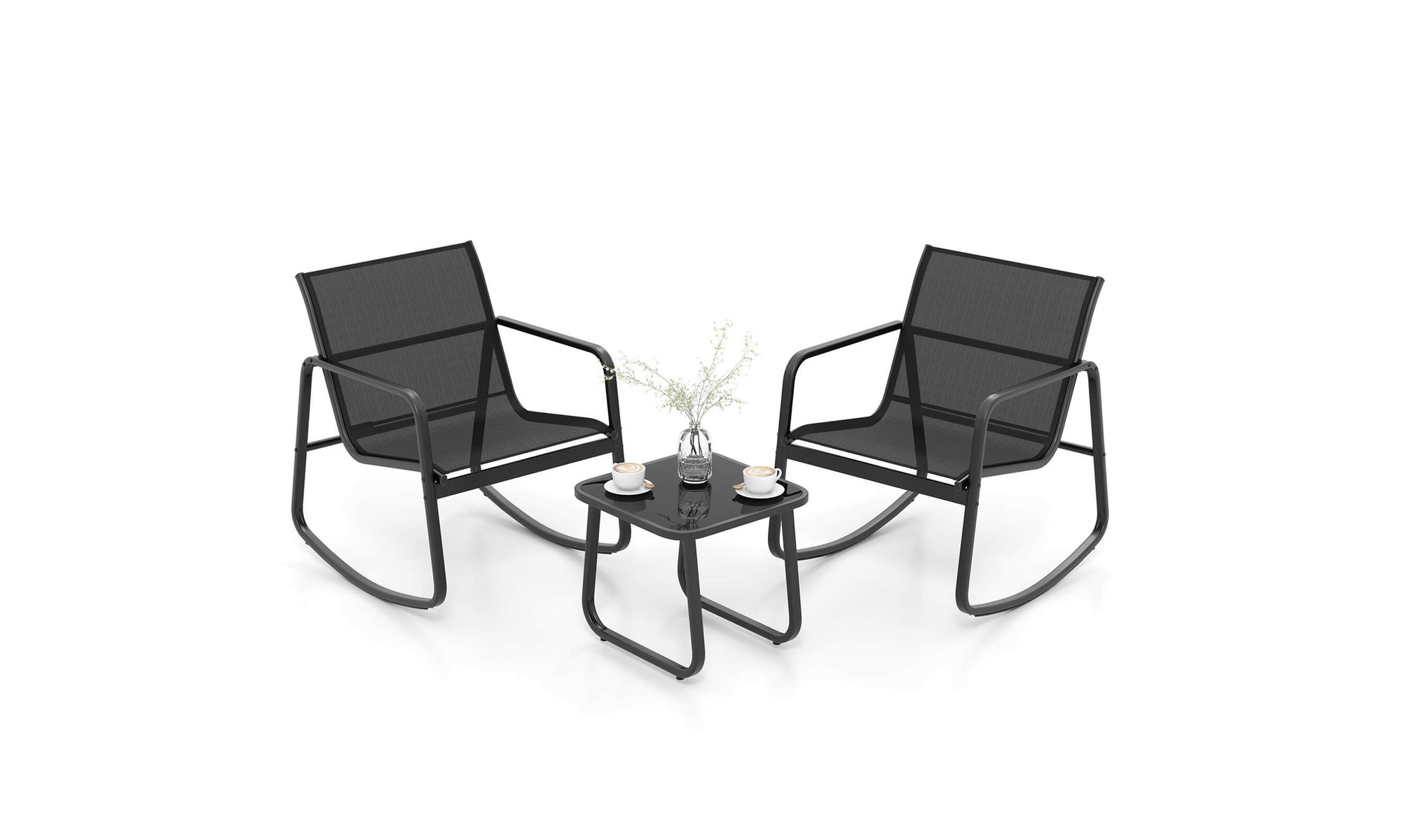 Three-Piece Costway Patio Rocking Set 2 Rocking Bistro Chairs & Glass-Top Table