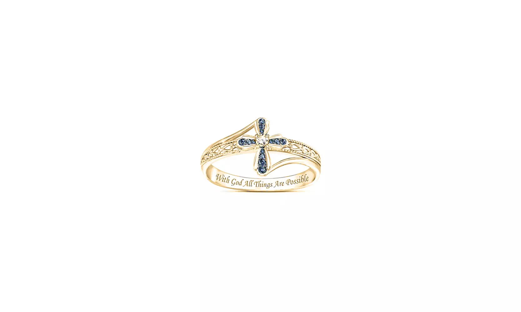Sapphire Cross Engraved With God All Things Are Possible Ring