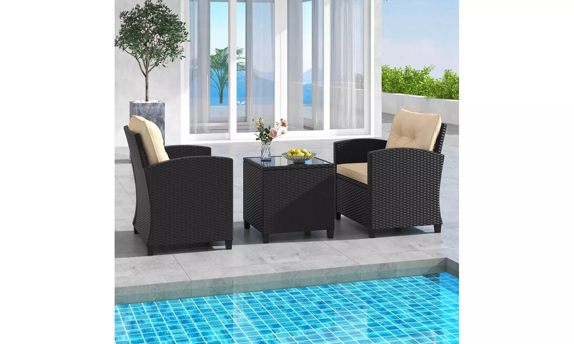  Three-Piece Costway Patio Furniture Set with Tempered Glass Coffee Table