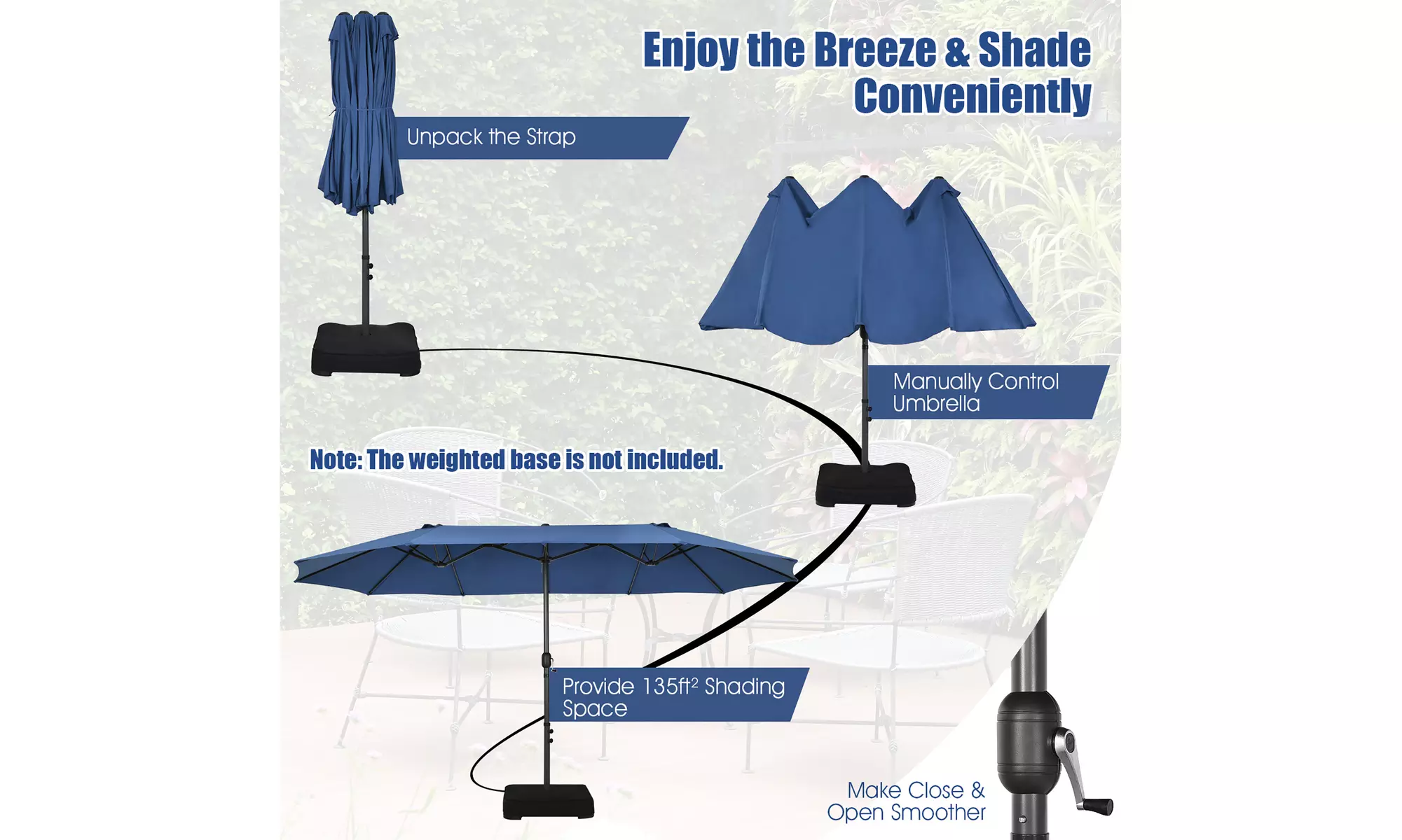 Costway 15FT Patio Double-Sided Umbrella Crank Outdoor Garden Market Sun Shade