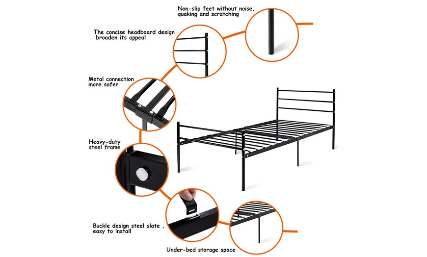 Image 5: Black Twin Size Metal Bed Frame Platform 6 Legs Headboards Furniture