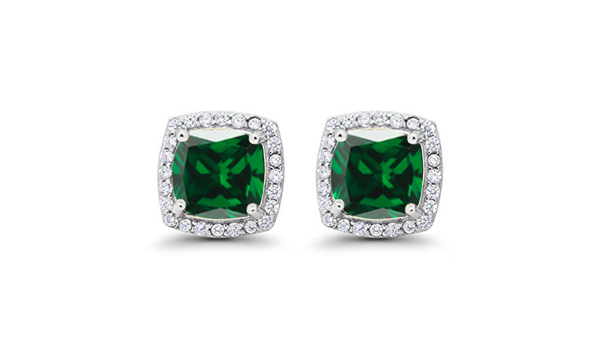 Paris Jewelry 14k White Gold Plated Created Halo Princess Emerald Stud Earrings