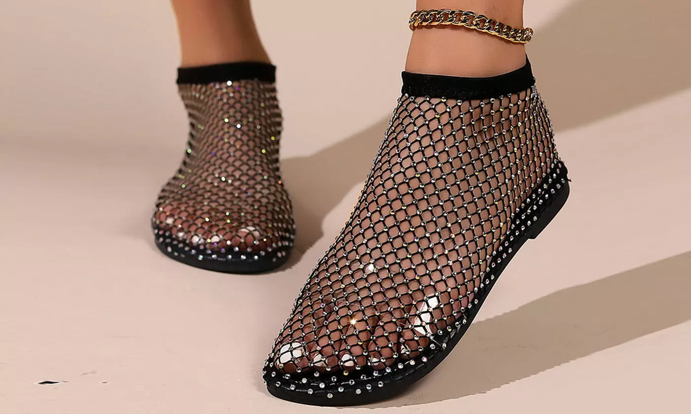 Womens Shiny Mesh Flats Sandals Hollow Out Rhinestone Sandals