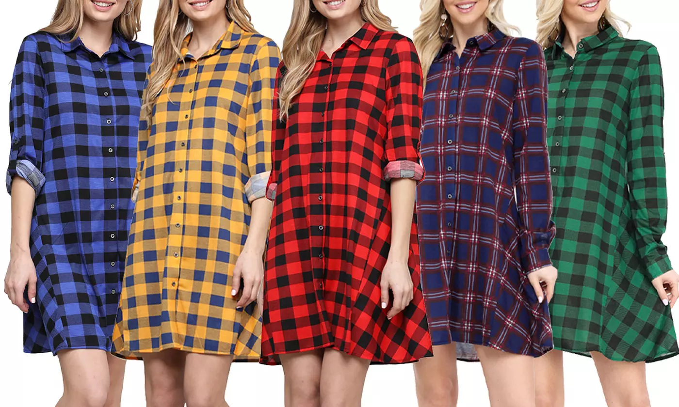 Women's Plaid Shirt Dress S-3X by Doublju Plus Size Available - Primary Image