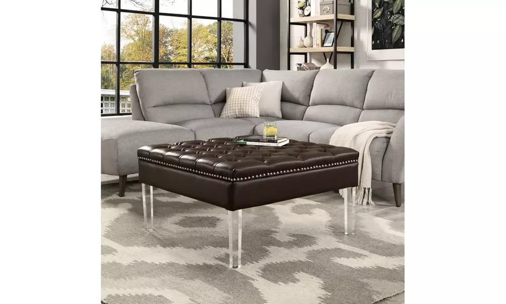 Vivian PU Leather Button Tufted Nailhead Acrylic Legs Ottoman - Primary Image