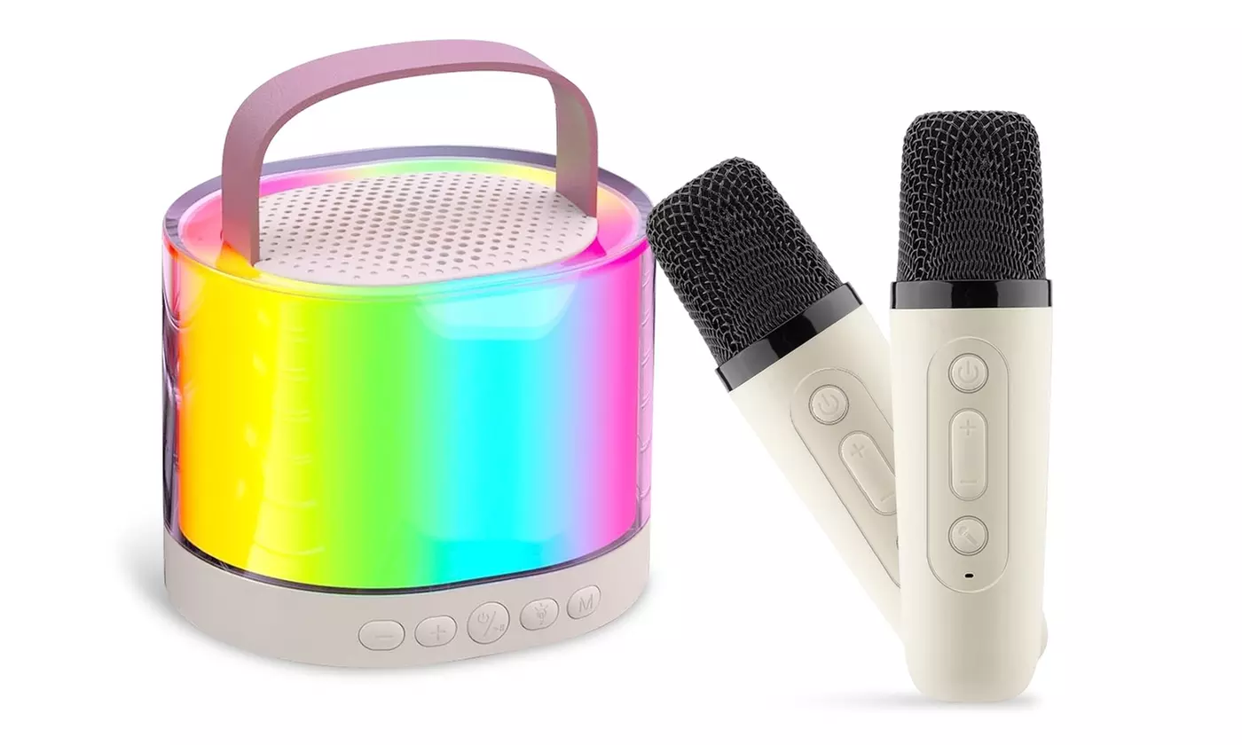 iMounTEK Mini Karaoke Machine with Two Wireless Mics, RGB Lights and Sounds