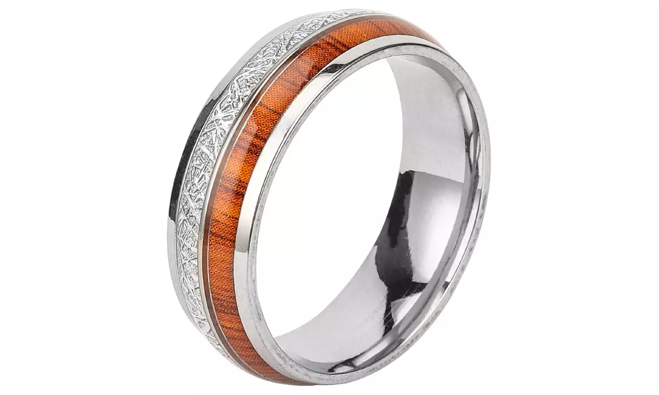 Men's Tungsten Mother of Pearl & Koa Wood Band Ring for Polished Comfort Fit - Second Medium