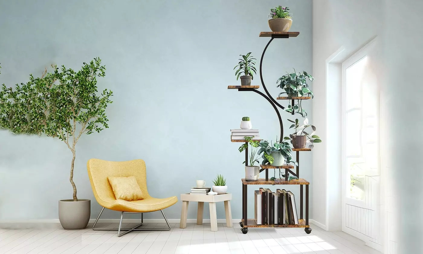 iMounTEK 8-Tier S-Shaped Metal Plant Stand with Grow Lights & Rolling Wheels