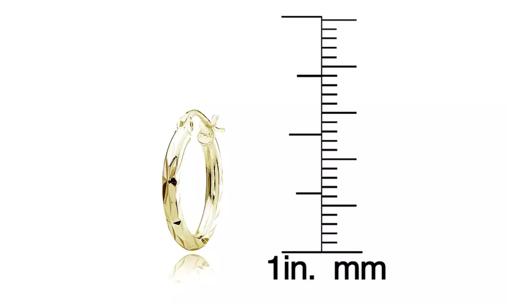 Gold Flash Sterling Silver 2mm Diamond Cut Polished Round Hoop Earrings, 15mm