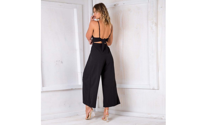 Image 7: Women's Jumpsuits Rompers Deep V Neck Strappy Backless Bow Knot Loose Jumpsuits