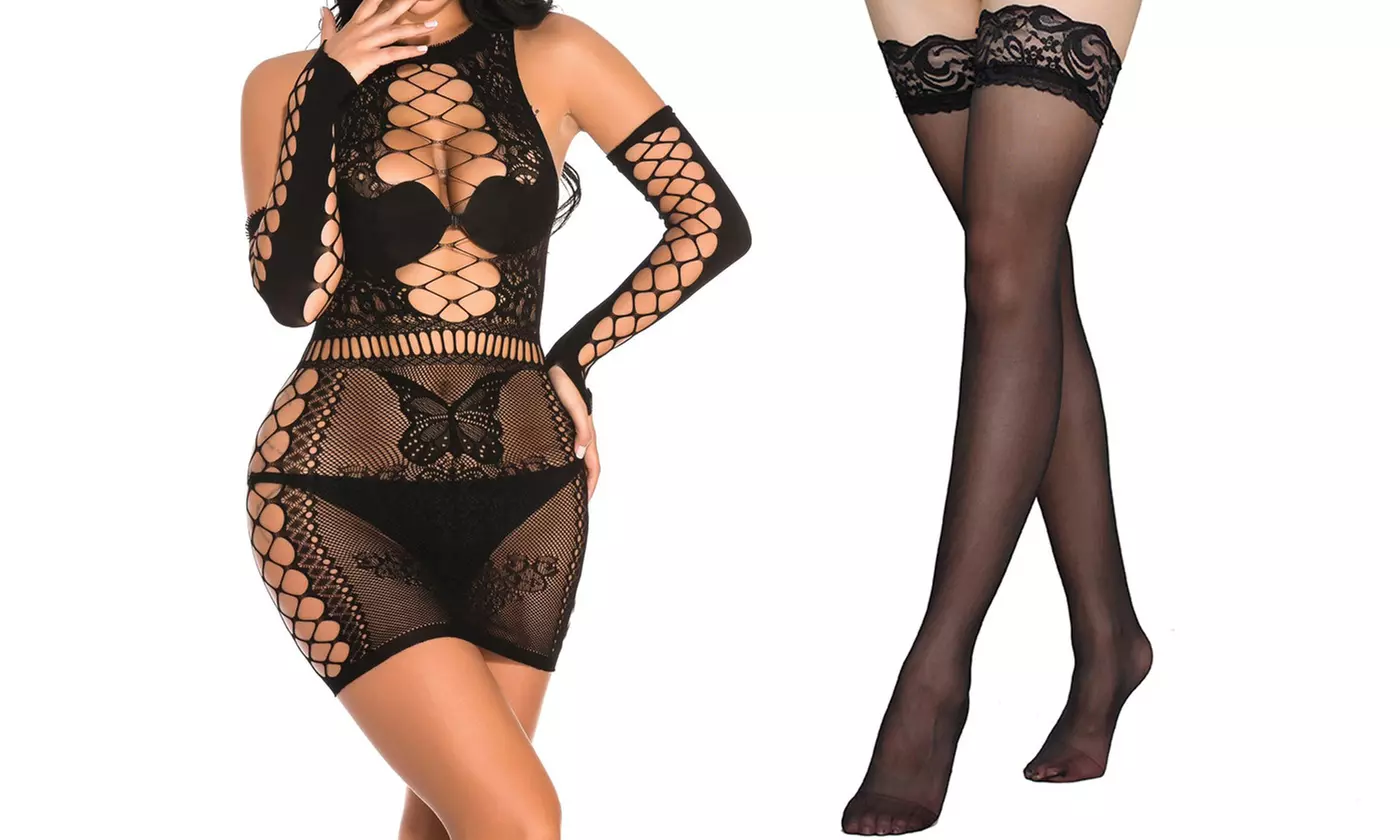 Women Mesh Teddy Lingerie Fishnet Babydoll Mini Dress with Stockings 