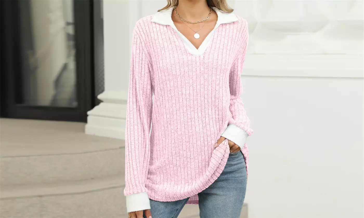 Women's Long Sleeve Lapel Blouse V-Neck Ribbed Knit Tunic Top