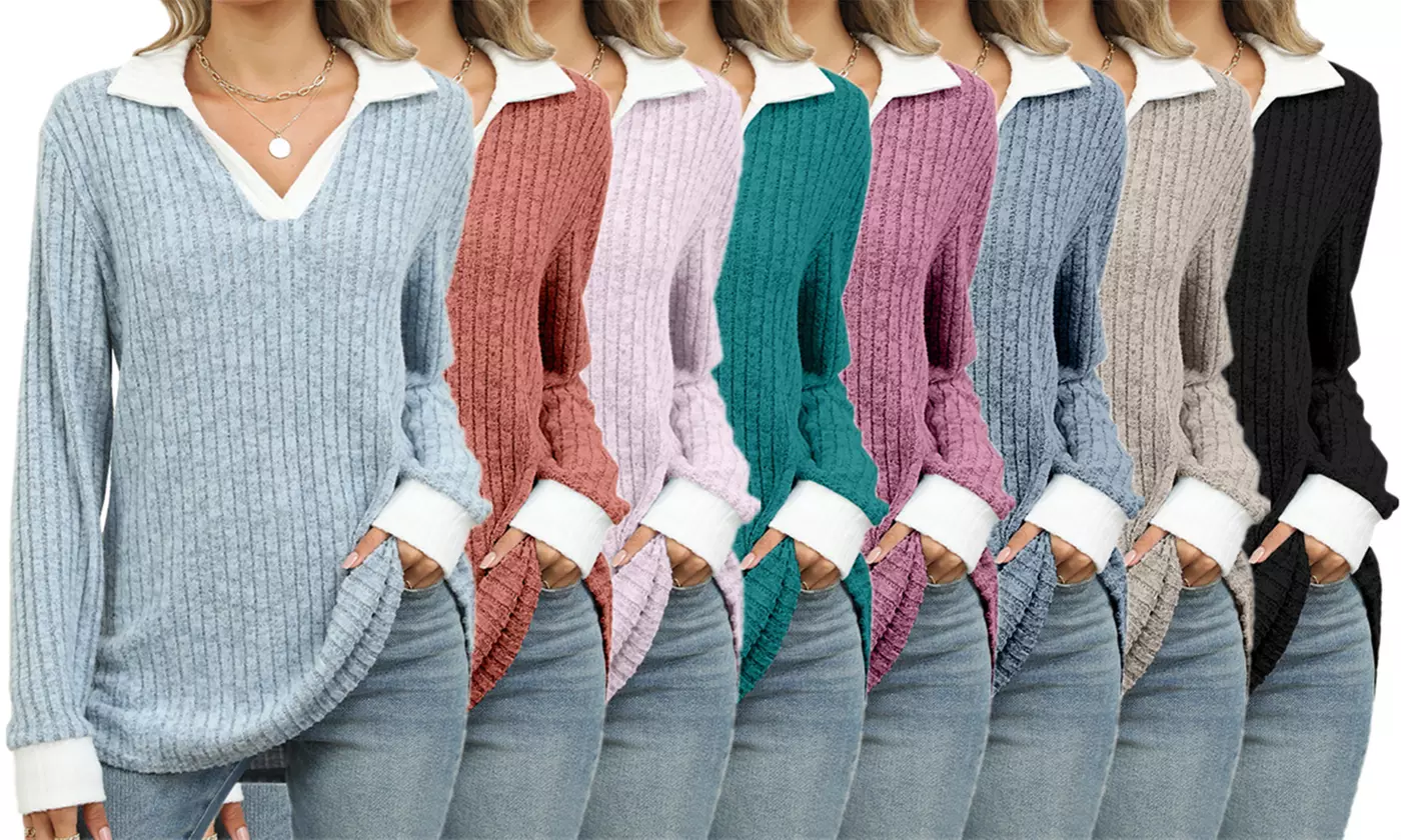 Women's Long Sleeve Lapel Blouse V-Neck Ribbed Knit Tunic Top