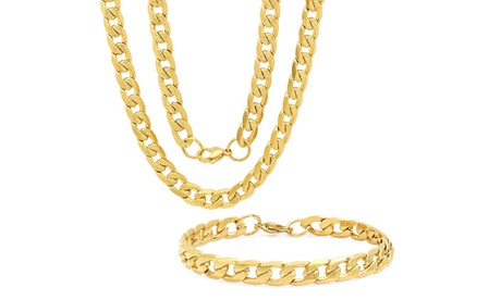 Men'sStainless Steel Diamond Cut Cuban Link Chain Necklace And Bracelet Set Gold 18K Gold Plated Stainless Steel