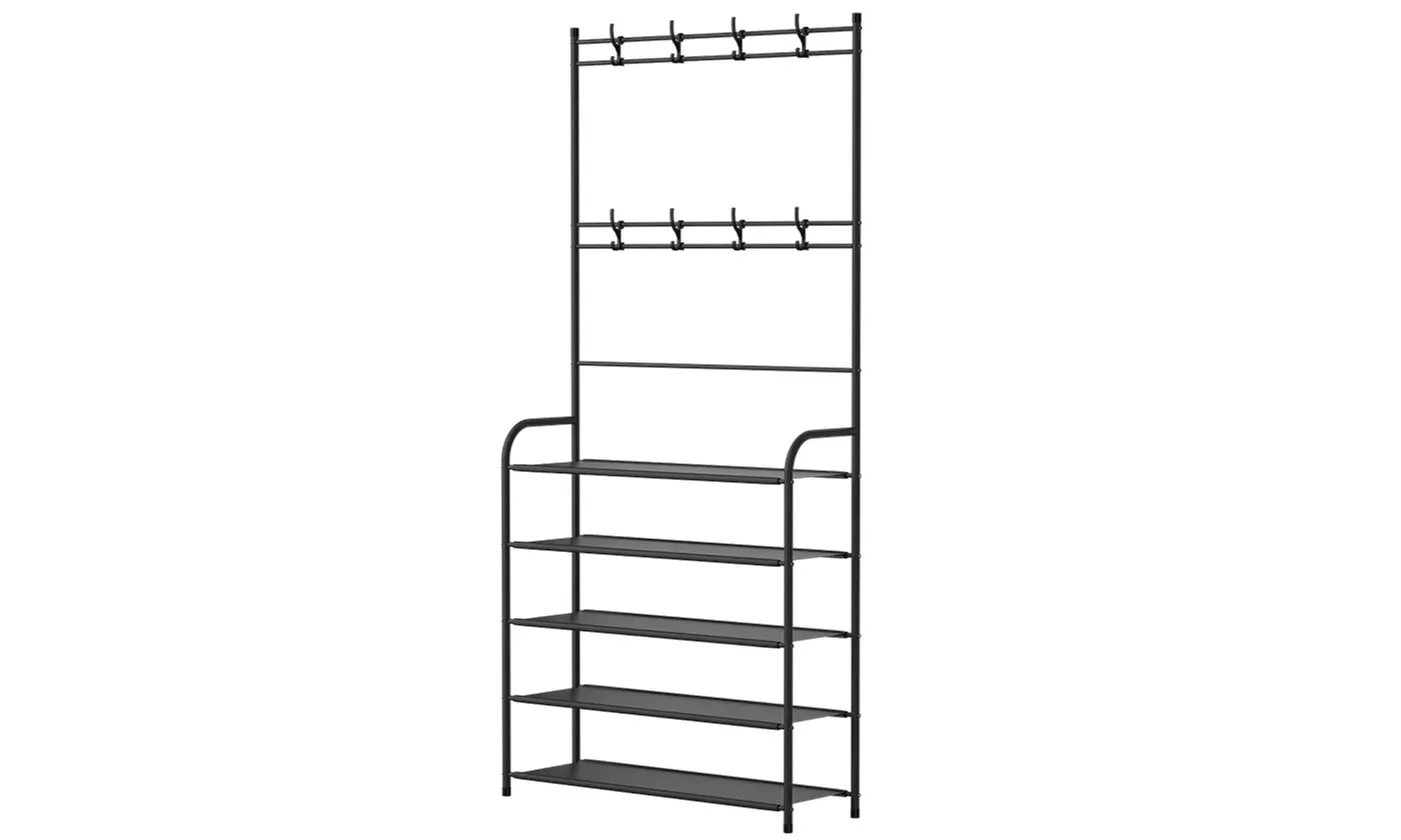 NewHome 4-Tier/5-Tier 16-Hook Freestanding Carbon Steel Coat & Shoe Rack