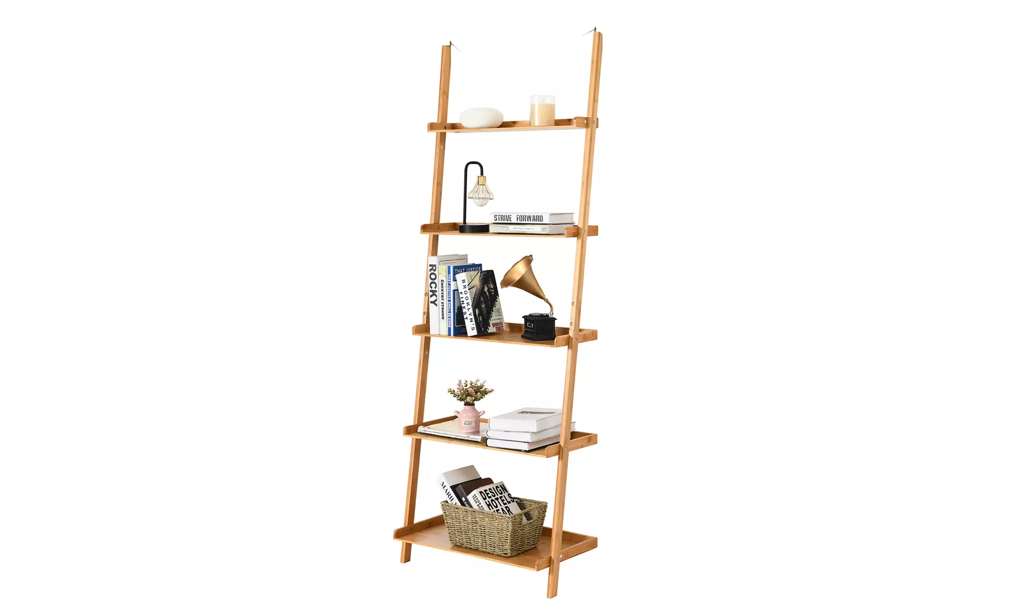 Costway 5-Tier Ladder Shelf Bamboo Bookshelf Wall-Leaning Storage Display - Primary Image