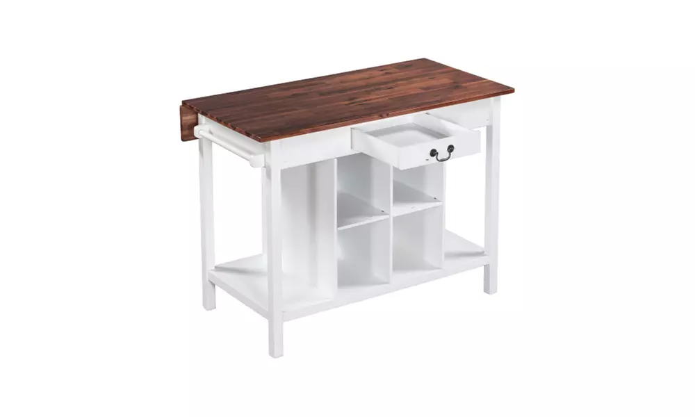 Stationary Wood Dining Table Drop Leaf Kitchen Island with Storage Shelves - Primary Image