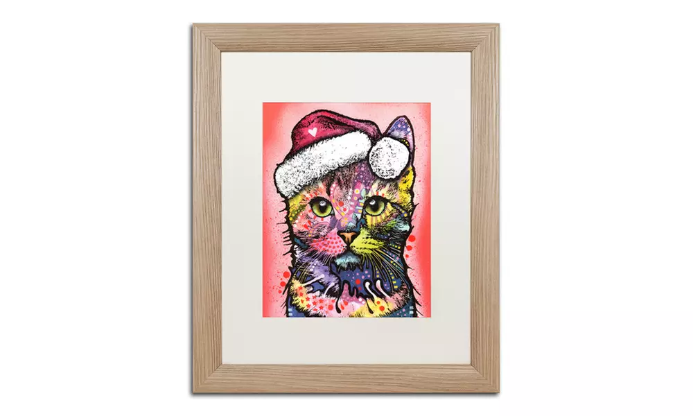Dean Russo 'Christmas Cat' Matted Birch Framed Art - Second Medium
