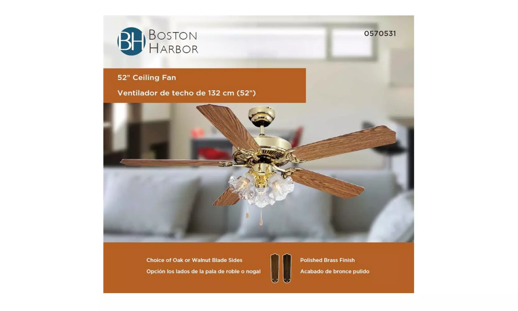 Boston Harbor CF-78021L Three Light Ceiling Fan, 52", Polished Brass - Primary Image