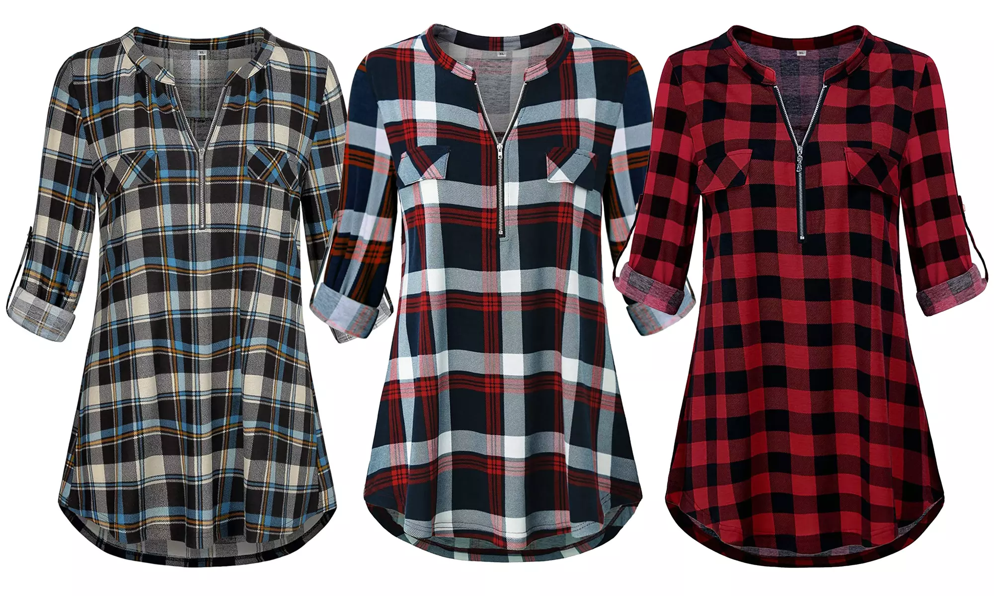 Verno Women Plus Size Plaid Tunic Top Zipper V Neck 3/4 Roll Sleeve Shirt  - Primary Image