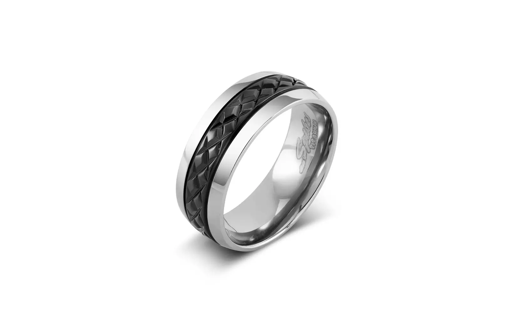 Diagonal Cut Pattern Black IP Centered Ring Titanium