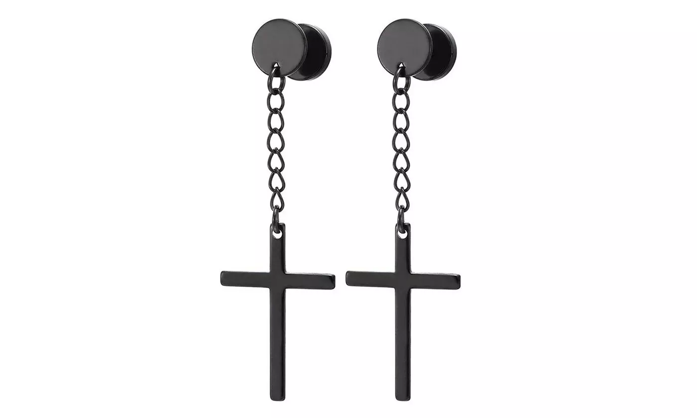 Men's Hypoallergenic Stainless Steel Cross Drop Dangle Hoop Earrings - Second Medium