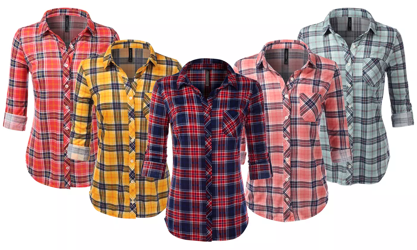 Doublju Women's Casual Flannel Button Down Shirts - Primary Image