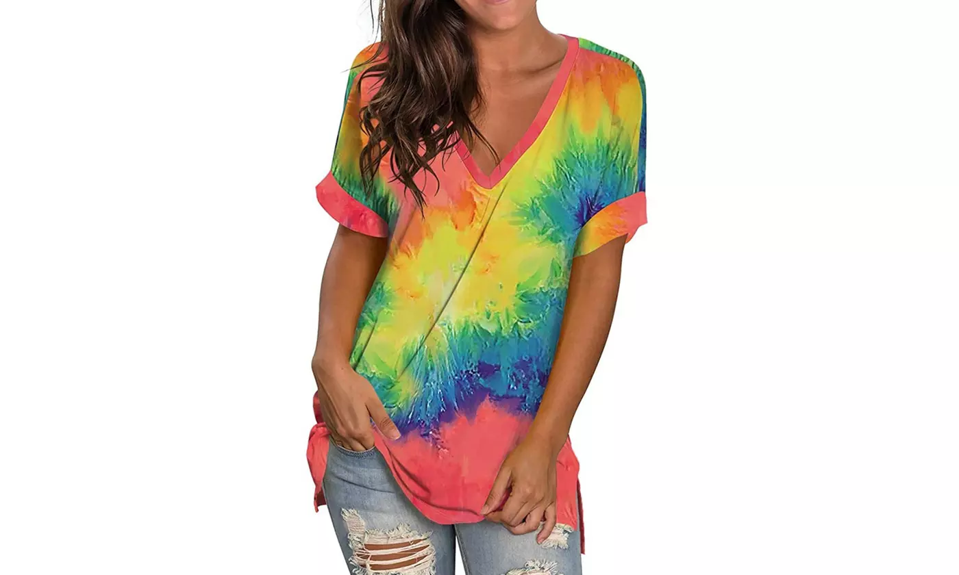 Womens Summer  Floral Printed V Neck Tunic Shirts 