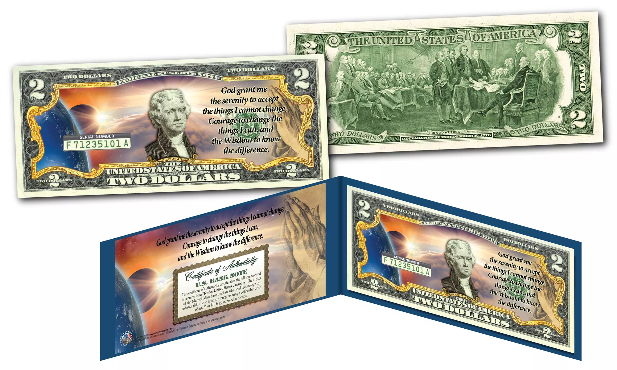 SERENITY PRAYER One Day at a Time Praying Hands Genuine Legal Two-Dollar Bill  - Primary Image