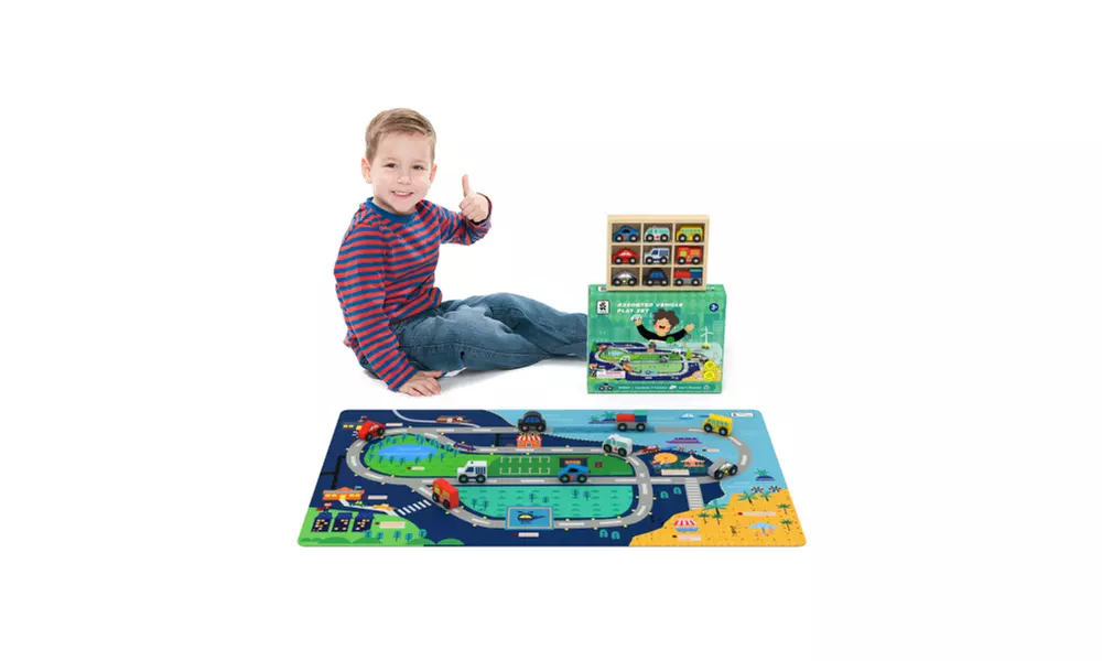 Wooden Train Set Wooden Train Track Set with Mat City Series - Primary Image