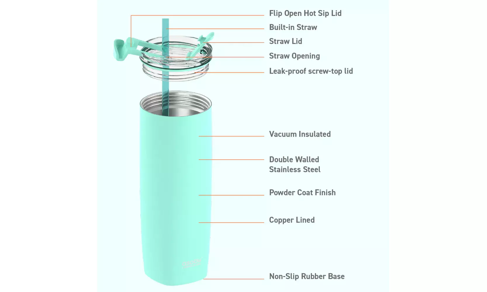 Asobu Aqualina 20oz Insulated Tumbler Water Bottle with Leakproof Lid and Straw