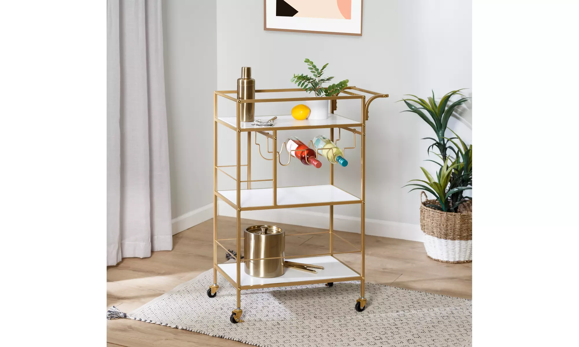 Gold and White 3-Tier Bar Cart with Wine Rack - Primary Image