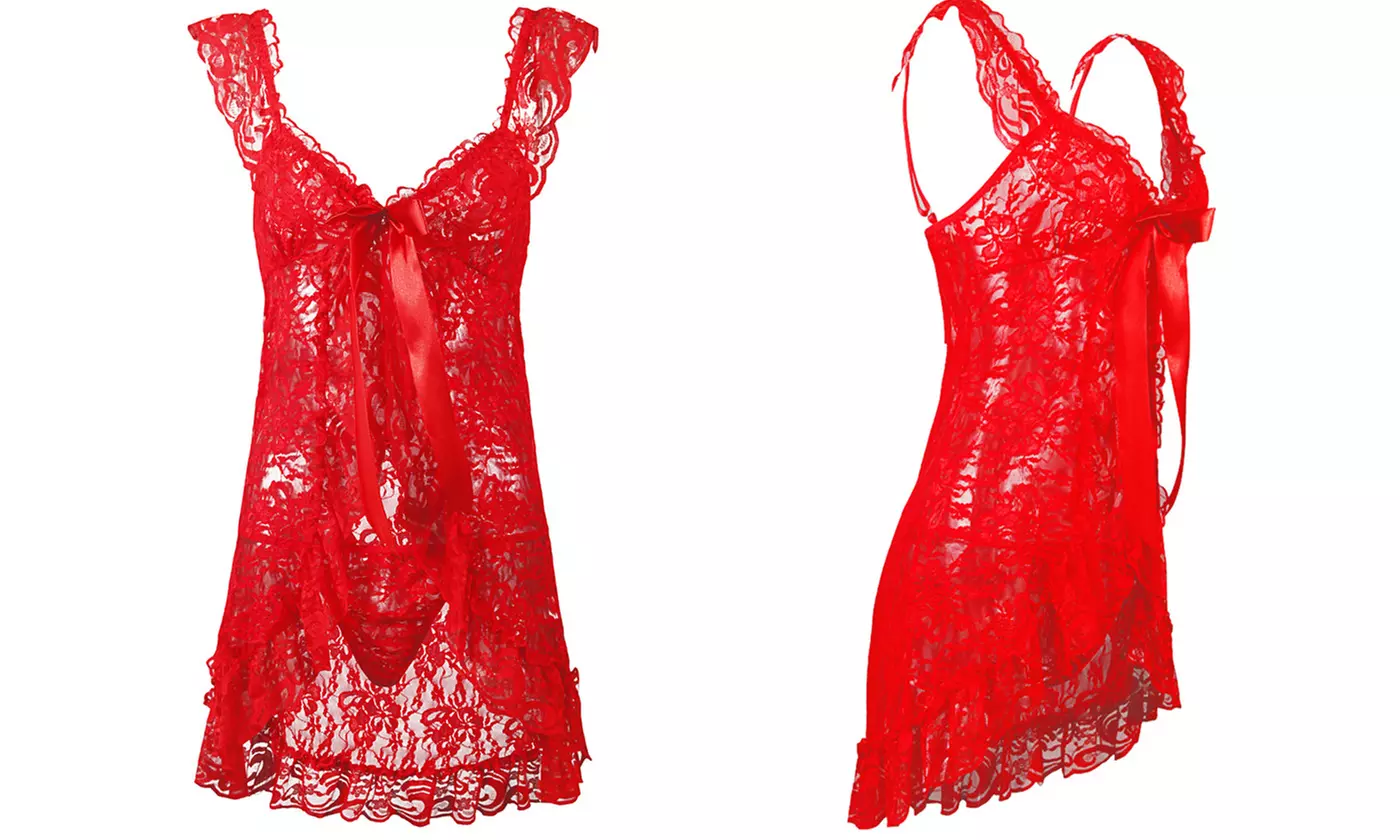 LESIES Womens Lingerie Set Lace Babydoll Strap Chemise Mesh Sleepwear with Thong