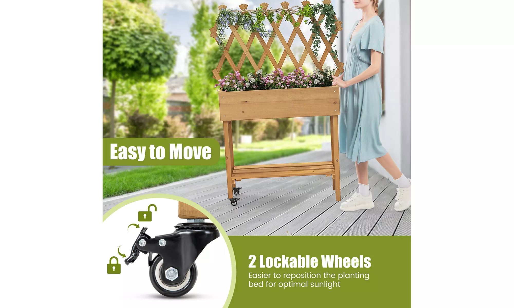Costway Wood Raised Garden Bed w/ Trellis Storage Shelf Wheels Drainage Holes